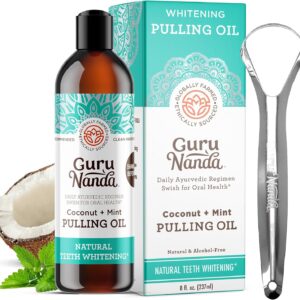 GuruNanda Coconut & Peppermint Oil Pulling (8 Fl.Oz) with Tongue Scraper – Alcohol Free Mouthwash for Fresh Breath, White Teeth & Healthy Teeth & Gums