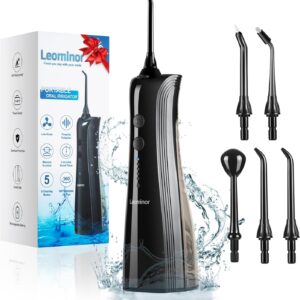 Leominor Water Dental Flosser Pick for Teeth – 5 Modes Cordless Portable Water Teeth Cleaner IPX7 Waterproof Oral Irrigator Rechargeable, Professional Flossing Cleaning Picks for Home Travel (Black)