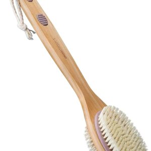 MainBasics Back Scrubber for Shower Long Handle Back Brush Dual-Sided with Exfoliating and Soft Bristles (Lavender, Wood)