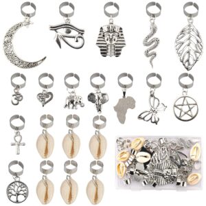 Messen 20 PCS Locs Hair Jewelry Braids Hair Clips Adjustable Hair Cuffs 15 Styles Vintage African Pendant Hair Charms Butterfly Shell DIY Locs Hair Accessories (Silver)