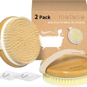 Metene 2 Pack Bamboo Dry Body Brushes, Shower Brush Wet and Dry Brushing, Dry Brush for Cellulite and Lymphatic, Body Scrubber with Soft and Stiff Bristles, Suitable for All Kinds of Skin