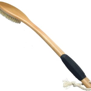 OWIIZI Bath Brush Wooden Curved Long Handle Antiskid Shower Brush for Exfoliating, Natural Bristle Scrubber for Back Use Wet or Dry