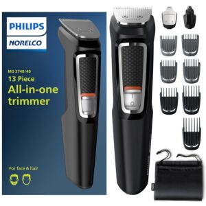 Philips Norelco Multi Groomer All-in-One Trimmer Series 3000-13 Piece Mens Grooming Kit for Beard, Face, Nose, Ear Hair Trimmer and Hair Clipper – NO Blade Oil Needed, MG3740/40