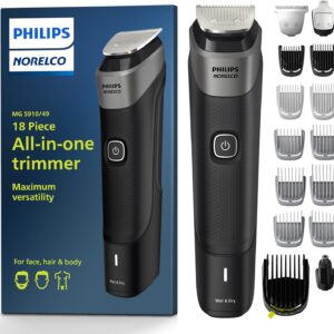 Philips Norelco Multigroom Series 5000 18 Piece, Beard Face, Hair, Body and Intimate Hair Trimmer for Men – NO BLADE OIL MG5910/49