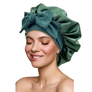 Satin Silk Hair Bonnet for Sleeping Large Bonnets with Tie Band Hair Wrap with Adjustable Straps Hair Cap Night Sleep Caps for Women Curly Braid Hair Hunter Green