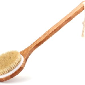 Shower Brush with Natural Bristle – Long Bamboo Handle Bath Body Brush for Wet or Dry Brushing – Improves Blood Circulation, Exfoliating Skin