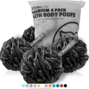 Shower Puff 4 Pack Black Bath Sponge Shower Loofahs Pouf Ball Nature Bamboo Charcoal Mesh Bulk Puffs Large, Shower Essential Skin Care by WhaleLife