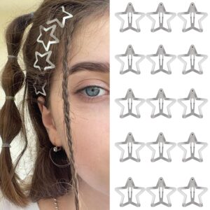 Star Hair Clips 2000s Y2K Snap Hair Barrettes Non Slip Star Hair Accessories Silver Metal Hair Clips for Girls Women -15 PCS 1.18″