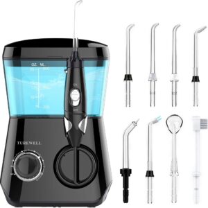 TUREWELL Water Flossing Oral Irrigator, 600ML Dental Water Teeth Cleaner 10 Adjustable Pressure, Electric Oral Flosser for Teeth/Braces, 8 Water Jet Tips for Family (Black)