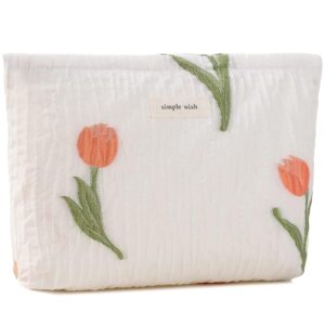 Tulip Makeup Bag for Women Floral Makeup Pouch for Purse Zipper Cosmetic Bag Large Capacity Quilted Canvas Cute Aesthetic Flower Makeup Bag Gift Travel Toiletry Make Up Organizer