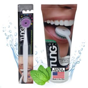 Tung Tongue Brush & Gel Kit | Tongue Cleaner for Adults | Tongue Scraper to Fight Bad Breath and Halitosis | Mouth Odor Eliminator | Fresh Mint | Made in America (Set of 1)