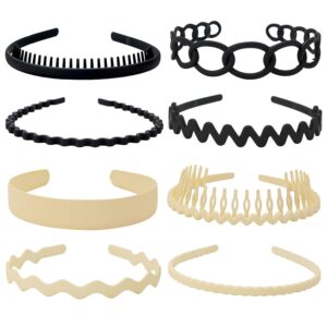 Unisex Hair Band 8Pcs Plastic Headband with Teeth Head Bands Combing Hairbands Wavy Outdoor Sports Headbands for Men’s Hair Band Women Accessories Non Slip Head Band Headwear,Black and White