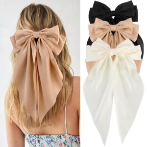 VELSCRUN Hair Bows for Women – 3Pcs Big Hair Clips in White, Black, Brown – Silky Satin Hair Barrettes with Oversized Long Tail – Hair Accessories for Long Hair, Curly, Wavy, Fine, Thick – Gift