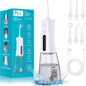 Water Dental Flosser Cordless Teeth Cleaning MOCEL 5 Modes Oral Irrigator 300ML Portable and USB C Cable Rechargeable IPX7 Waterproof Flossing Teeth Pick Irrigation Cleaner for Home Travel (white)