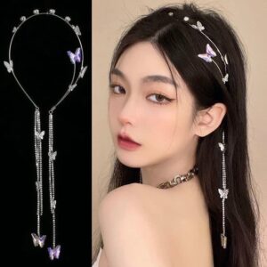 Wedding Butterfly Headband Head Chain Silver Tassel Hair Hoop Band Hair Vine Vintage Decorative Headwear Headpieces Hair Accessories for Women and Girls Headdress (02) (01)